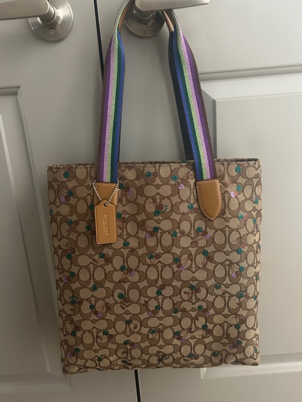 Coach Tote F30604 Signature Canvas purple & teal Cherries Rainbow Glitter straps